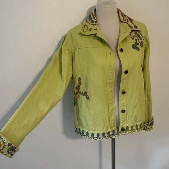 Coldwater Creek Green Denim Twill Paisley Embroidered Boho Jacket large - Picture 3 of 9